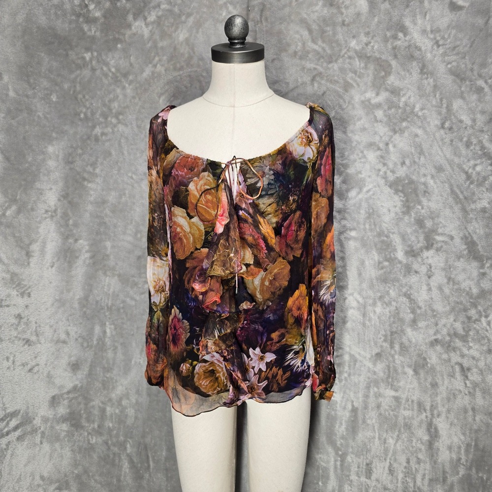 Haute Hippie Silk Top Women XS Multicolor Floral Ruffle Whimsigoth Fairy Grunge
